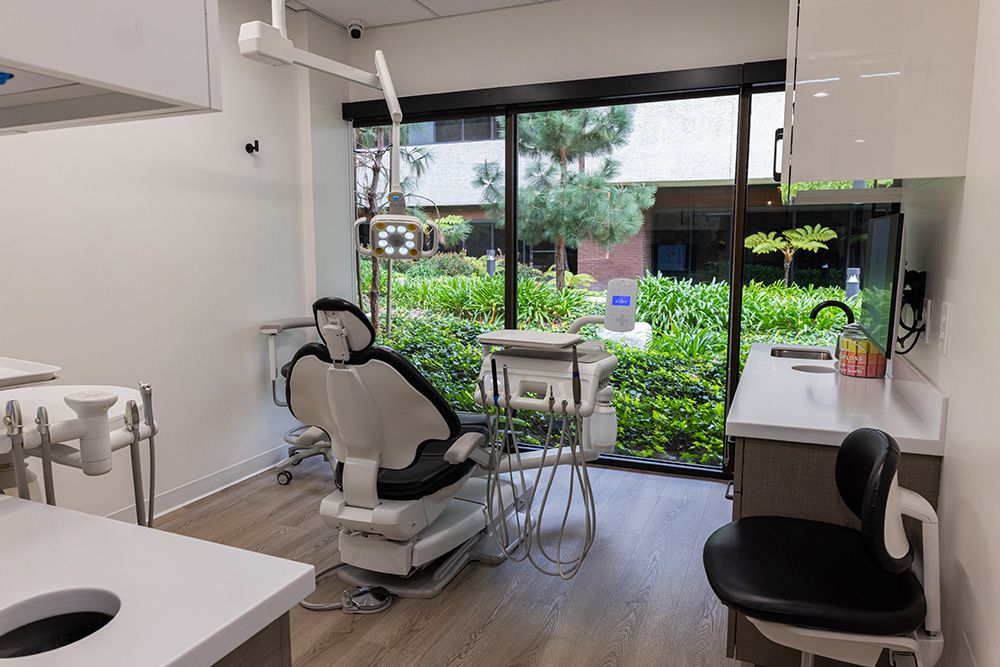 Modern dental exam room at Madison Park Family Dentistry with garden view and state-of-the-art chair